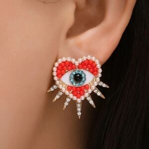 𝅺NEW Faux Pearl and Rhinestone Heart BRIGHT RED Eye 🧿 earrings for GOOD 🍀